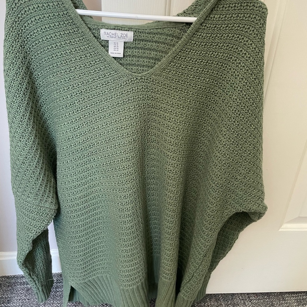 Rachel Zoe Size 1X Green Hooded Sweater Mixed Stitch Textured Cotton Blend